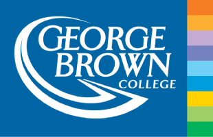 George BrownCollege Logo. Words Groege Brown College on a dark blue background with small squares of different colour along the right side.